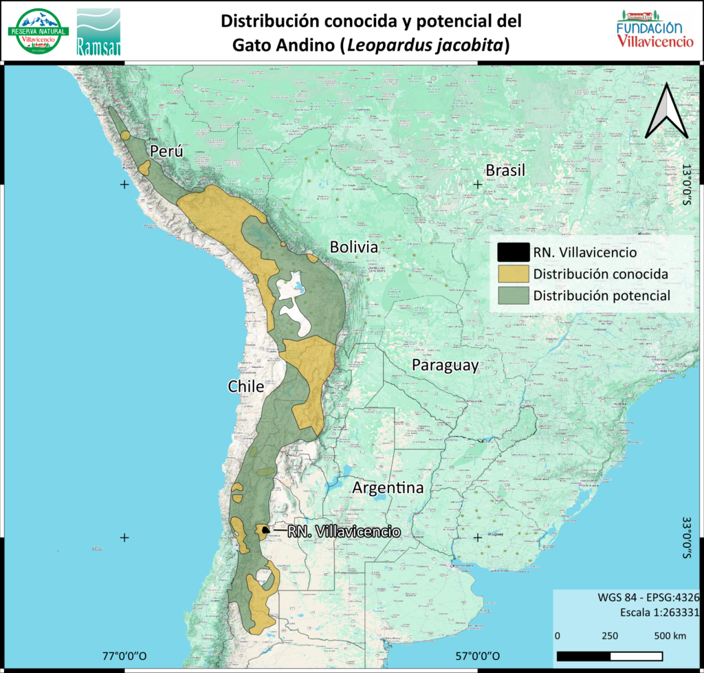 Mapa de distribución del Gato andino (Leopardus jacobita) en Sudamérica